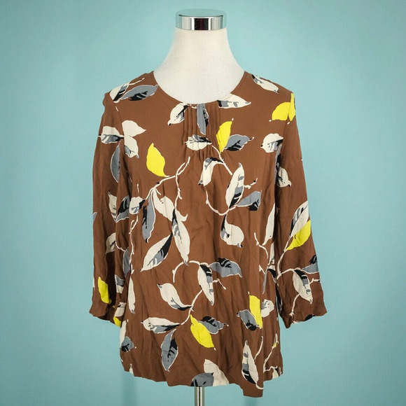 Boden Size 10 Brown Floral Leaf Print Pleated Crew Neck 3/4 Sleeve Viscose Top B - Picture 1 of 6